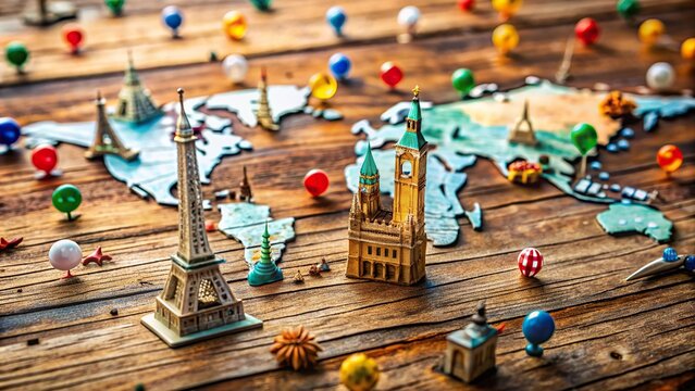 Vibrant map pins and playful souvenirs adorn a weathered wooden table, set against a stunning backdrop of iconic global landmarks and awe-inspiring travel destinations.