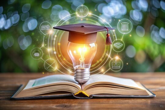 Illuminated lightbulb on open book with graduation hat, surrounded by education icons, symbolizing online learning, e-degree, and certificates in internet-based education.