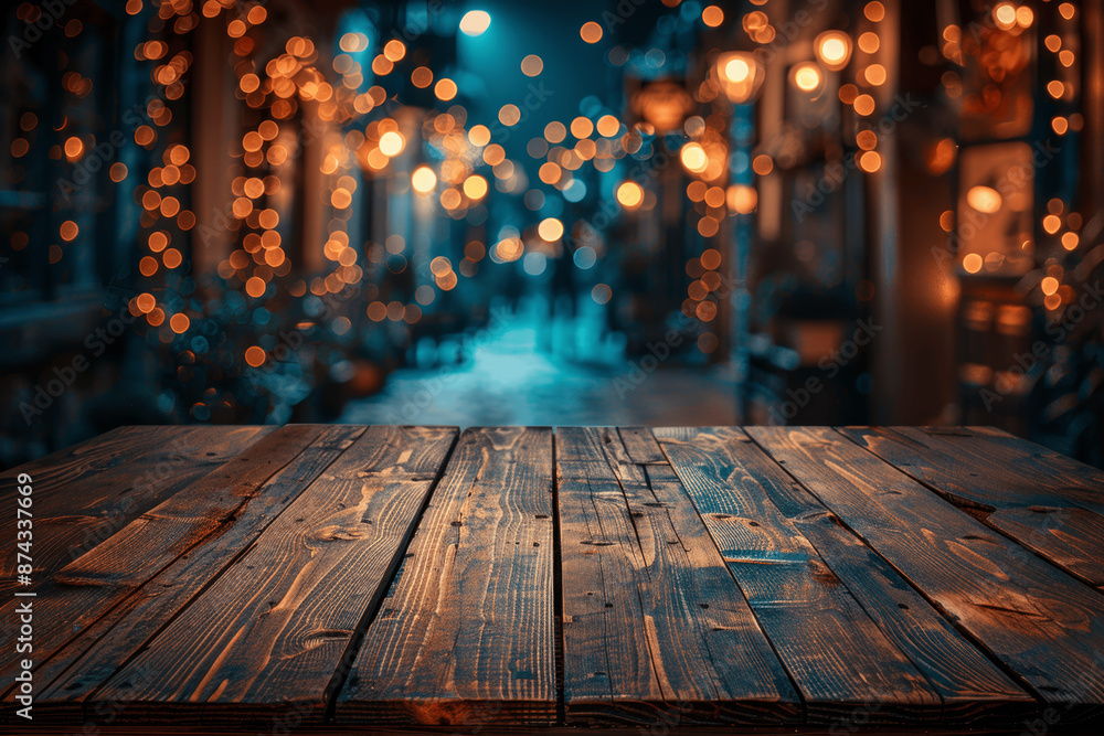 Poster empty wooden table top with blurred bokeh lights in dark background for product display and presenta