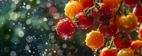 Colorful cherry tomatoes in red, yellow, and orange hues, floating in mid-air with droplets of water, highlighting their juicy and sweet nature.