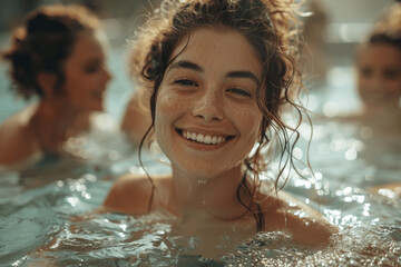 Obraz premium Happy senior women doing aqua fitness in a pool, enjoying retirement with joy and camaraderie, promoting active ageing and healthy living