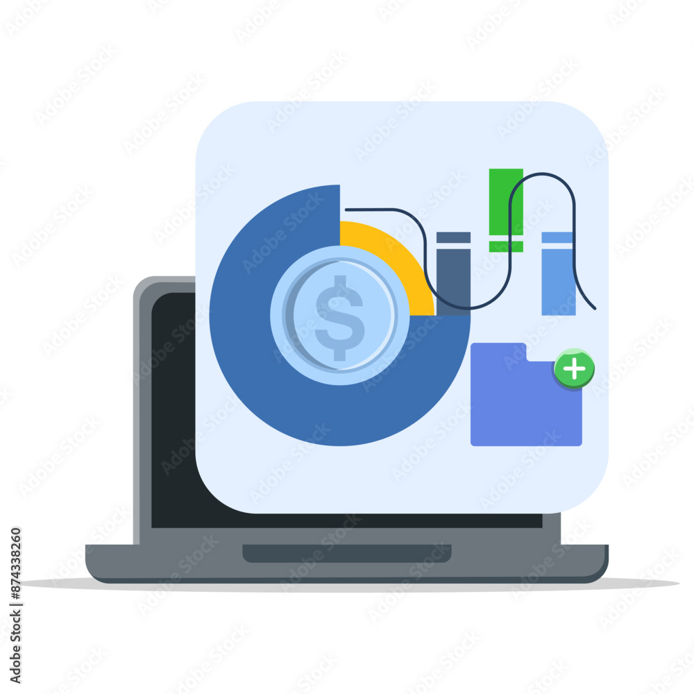 Poster data science and big data concept. analysis. folder with magnifying glass and pie charts. infographi