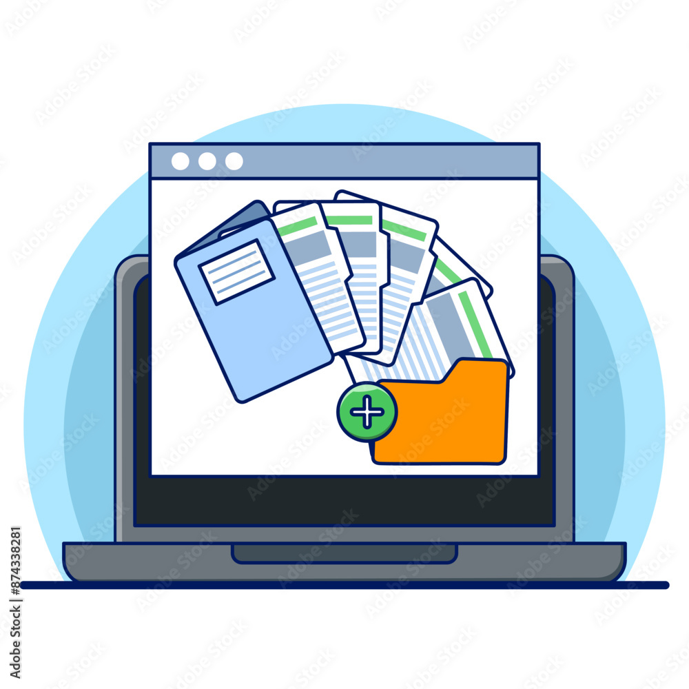 Poster document and media content concept. monitor display with yellow folders, file search and indexing. f