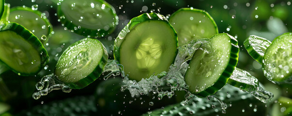 Crisp, green cucumber slices flying in mid-air, droplets of water glistening on their surface, highlighting their refreshing and hydrating qualities.