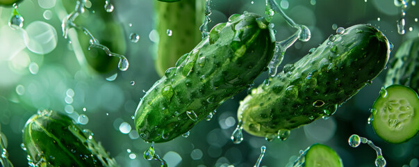 Crisp, green cucumbers floating in mid-air, droplets of water glistening on their surface, showcasing their refreshing and hydrating qualities.