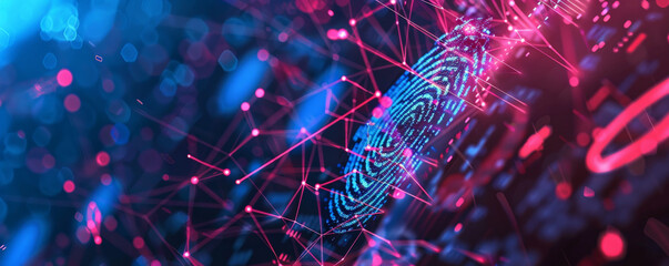 Cyber security background featuring a holographic fingerprint scanner, network connections, and encrypted data symbols.