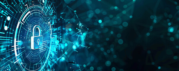 Cyber security background with a futuristic interface, digital locks, and binary code floating in a blue cyber space.