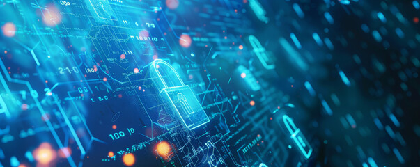 Obraz premium Cyber security background with a futuristic interface, digital locks, and binary code floating in a blue cyber space.