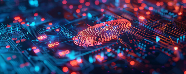 Cyber security background with a holographic fingerprint scanner, network connections, and encrypted data symbols.