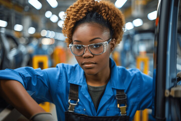 Competent African American woman expertly handling advanced machinery in an innovative automotive factory, candid shot