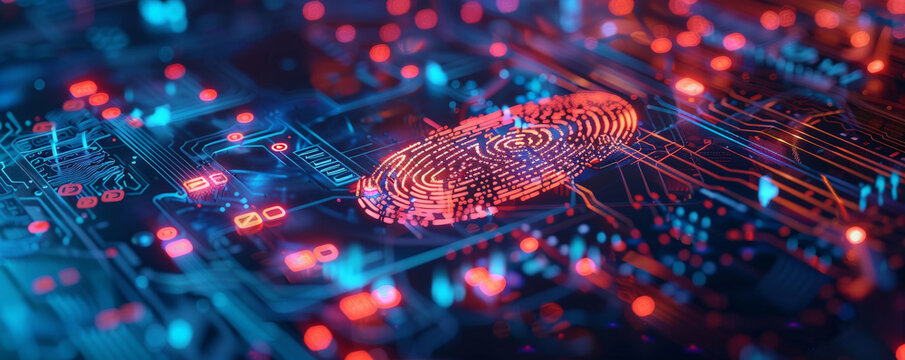 Cyber security background with a holographic fingerprint scanner, network connections, and encrypted data symbols.
