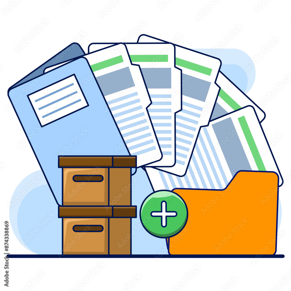 Poster document and media content concept. monitor display with yellow folders, file search and indexing. f
