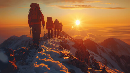 Obraz premium Team Helping Each Other Reach Mountain Top at Sunset, Collaborative Effort in Business and Life