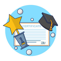 graduation certificate concept. University graduation, college for students, graduation certificate with trophy icon with stamp and ribbon bow. Educational diplomas for student learning success.
