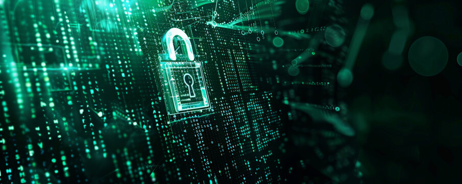 Digital security theme with a padlock icon, data streams, and matrix code on a dark green background.