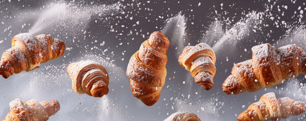 Fresh bakery items such as croissants, muffins, and pastries, flying in mid-air with a dusting of powdered sugar, creating a delicious and inviting scene.