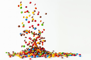 Fototapeta premium Colorful candy falling against a white background, psych wall, isolated