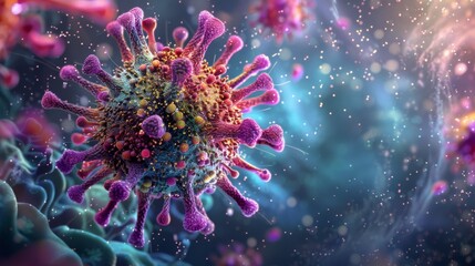 Fototapeta premium A 3D rendering of a coronavirus particle, featuring a colorful, detailed depiction of the virus's spikes and structure.