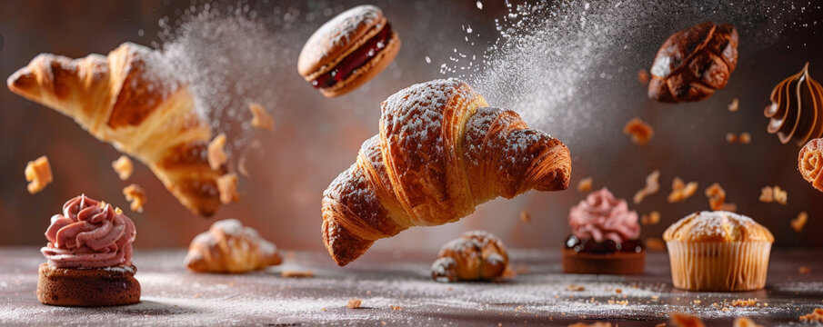 Fresh bakery items such as croissants, muffins, and pastries, flying in mid-air with a dusting of powdered sugar, creating a delicious and inviting scene.
