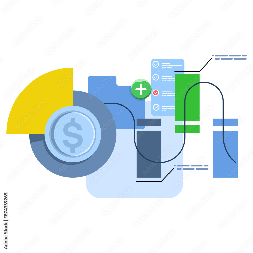 Poster data science and big data concept. analysis. folder with magnifying glass and pie charts. infographi