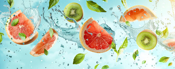Fresh grapefruit wedges, kiwi slices, and basil leaves flying through the air with water splashes, set against a tropical background, creating a refreshing and exotic vibe.
