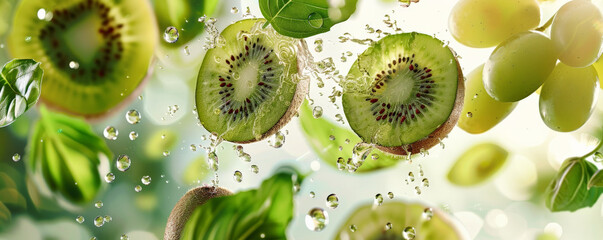Fresh kiwi slices, grapes, and basil leaves floating mid-air with water droplets, set against a sunny background, creating a refreshing and energetic summer vibe.