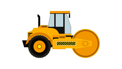 Road roller working on the construction site, A large yellow steamroller flatten hot asphalt. Builds a new road, steamroller turning into a freshly paved driveway to compact the hot asphalt