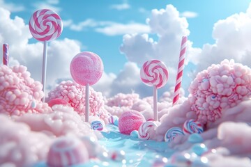Lollipops stand tall in a landscape of pink cotton candy clouds and blue sky