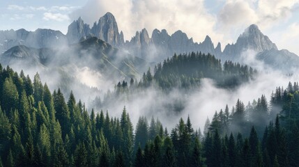 Obraz premium A serene mountain landscape with a range of jagged peaks and dense pine forests, blanketed in morning mist.
