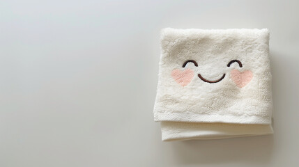 Novelty folded white Kawaii facecloth with smiling face and heart cheeks. Unusual bathroom hand towel décor. Marketing advertising interior design mockup stock. Neutral background with copy space.