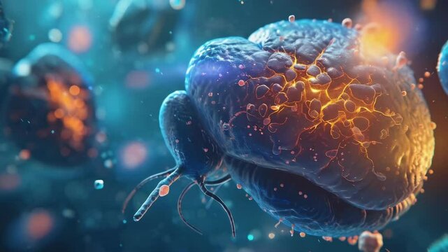 A detailed macro image captures microscopic organisms with glowing, intricate patterns in a vibrant, aquatic environment. The image showcases the textures and complexity of these tiny creatures,