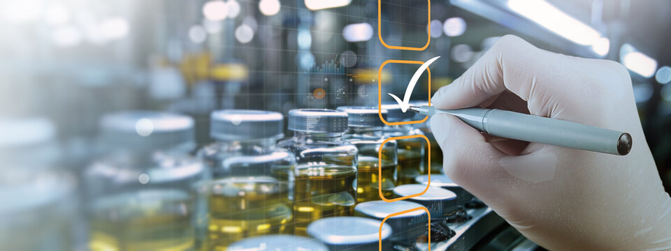 Gloved hand checking off a checklist in a laboratory representing quality control and precision in scientific research quality assurance, and laboratory work.