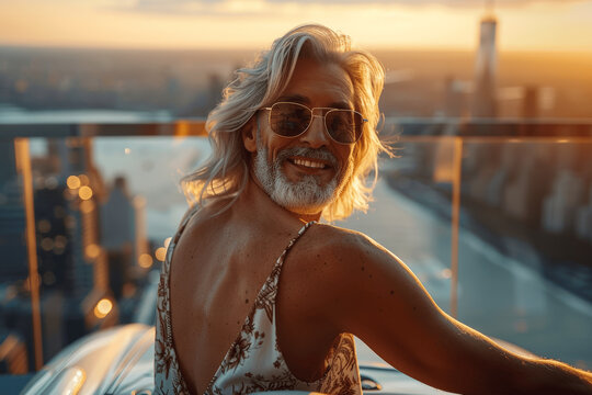 Joyful elder man with white hair driving convertible car on seaside road, sunglasses, casual summer wear, Nikon D850 photo, wide-angle, motion blur, natural perspective, wealth and freedom