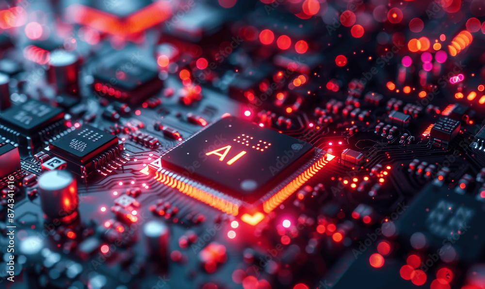 Poster futuristic ai circuit board with glowing microchips and network design