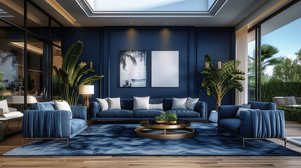 spacious living room with modern leather sofa and armchairs elegant dark blue wall minimalist interior design home decor