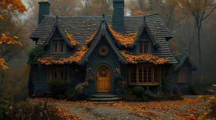 Fototapeta premium An Old House In A Gloomy Autumn Forest. Illustration on the theme of fairy tales, landscapes and architecture. Generative AI