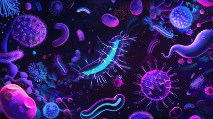 A microscopic view of various bacteria and viruses, glowing in vibrant neon purple and blue hues against a black background.