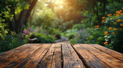 Wooden Table Top with Blurred Backyard Barbecue Scene for Product Display or Montage on a Sunny Day