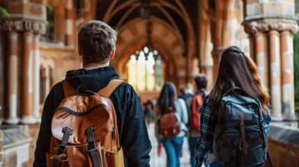 Obraz premium Students with backpacks walking through a university campus