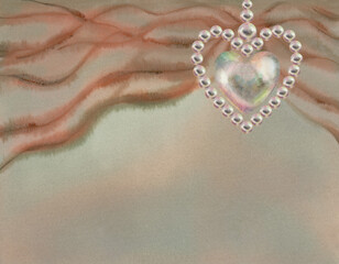 Template for a heart frame made of gray-beige pearls. Watercolor illustration in pastel palette with holographic for love gift, poster, postcard, greeting card for Valentine's, engagement, wedding
