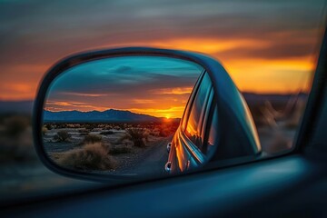 Fototapeta premium Sunset reflected in car rearview mirror, desert landscape