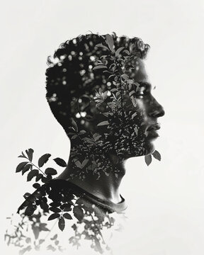 Black and white double exposure photography of the silhouette head in profile filled with leaves, white background, high resolution


