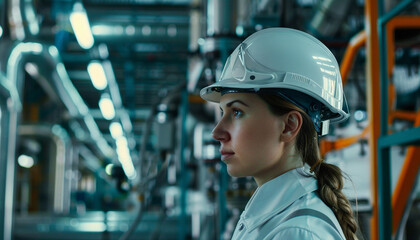 women and male industrial pipeline process engineer, in the style of light white and teal