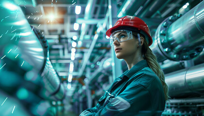 women and male industrial pipeline process engineer, in the style of light white and teal