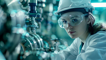 women and male industrial pipeline process engineer, in the style of light white and teal