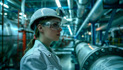 women and male industrial pipeline process engineer, in the style of light white and teal