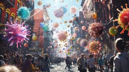 Obraz premium A crowd of people walks through a busy city street, unaware of the many viruses falling from the sky around them.