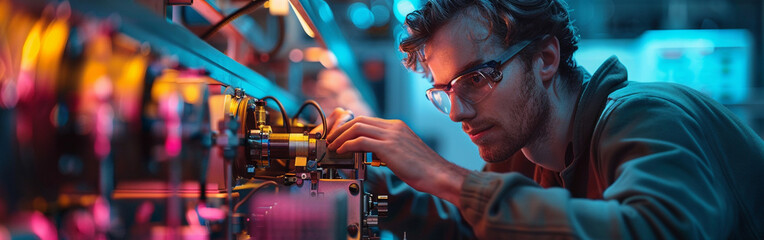 a man is using a testing device on electric motors, in the style of emerald and blue