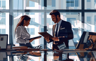 business people working with a tablet in the office, in the style of ultrafine detail, sharp lines