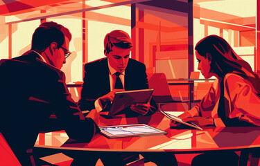 business people working with a tablet in the office, in the style of ultrafine detail, sharp lines